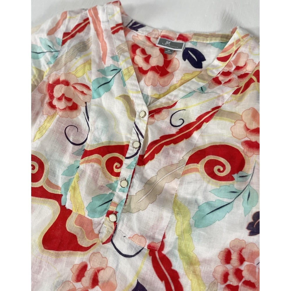 JM Collection Linen Sz 10 Tropical Floral print button up Tunic top  Blouse‎